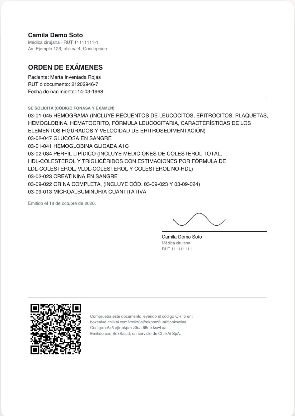 Orden de exámenes en PDF emitida con BoxSalud: datos de la profesional, del paciente, exámenes con su código Fonasa, firma y un código QR al pie.